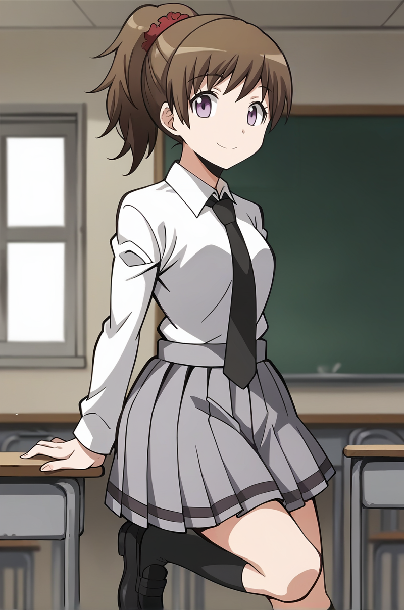 score_9, score_8_up, score_7_up, score_6_up, score_5_up, score_4_up, source_anime, BREAK 1girl, <lora:Yada_Toka:1>, yadatoka, brown hair, high ponytail, purple eyes, red scrunchie, tokaschool, white shirt, collared shirt, long sleeves, necktie, grey skirt, pleated skirt, kneehighs, black shoes, looking at viewer, smile, empty classroom