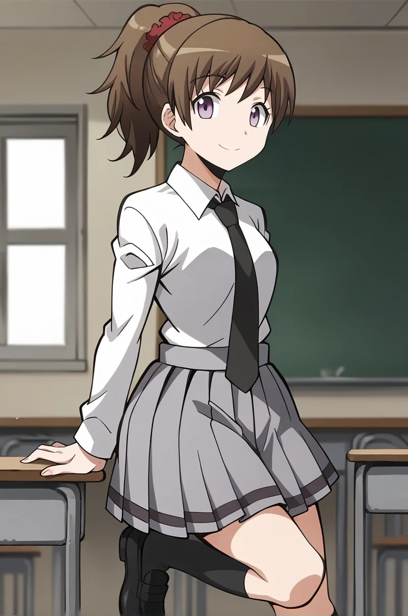 score_9, score_8_up, score_7_up, score_6_up, score_5_up, score_4_up, source_anime, BREAK 1girl, <lora:Yada_Toka:1>, yadatoka, brown hair, high ponytail, purple eyes, red scrunchie, tokaschool, white shirt, collared shirt, long sleeves, necktie, grey skirt, pleated skirt, kneehighs, black shoes, looking at viewer, smile, empty classroom