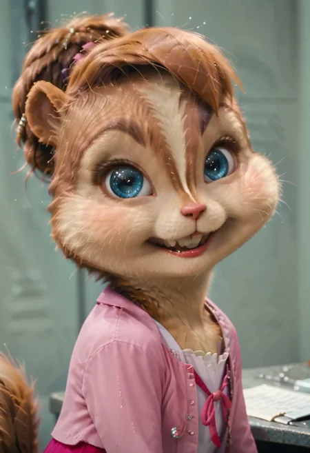 Score_9, score_8_up, score_7_up, source_furry, brittany miller, chipmunk, chipmunk girl, furry female, furry, 3d, render, movie screencap, blue eyes, white background, introduction to the viewer behind,Smug face, pleased with herself, sarcastic, She's up to something, a sly look, looking at the viewer straight in the eyes, expressive and lively look, in a pink skirt, clear and good quality, depth of drawing, <lora:Brittany_Miller__Alvin_and_the_Chipmunks__CG_Movie_version