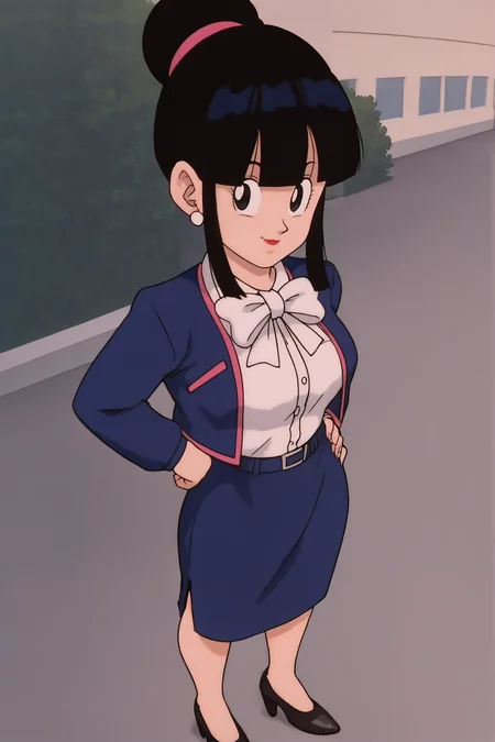 source_anime, score_9, score_8_up, score_7_up, anime screencap,8k, absurd res,
1girl, solo, chi-chi, bangs, black hair, sidelocks, hair bun, black eyes, single hair bun, earrings, blue jacket, white collared shirt, white bow tie, blue skirt, pencil skirt, black high heels, (selfie), from above, city, dappled sunlight, outdoors, street,
<lora:chichi_pony_v2:0.8>