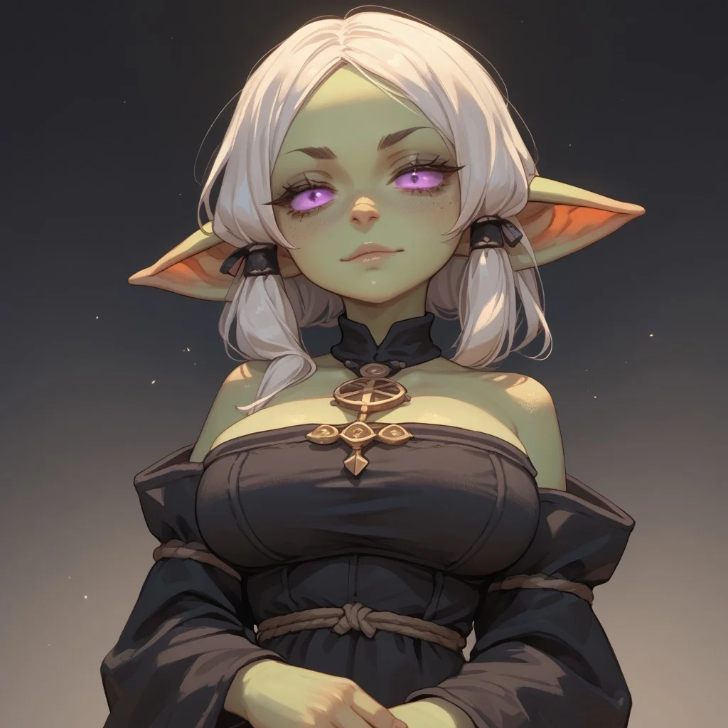 (score_9, score_8_up, score_7_up), source_anime, anime, Gobliness, violet eyes, eyes glowing, black robe, sorcerer, large breasts, goblin, girl. solo, closed clothing, cute, slight smirk, chest forward