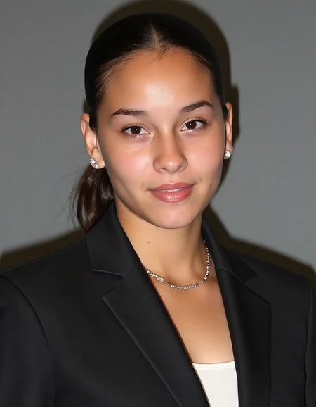 High quality passport photo of breeyana a woman, wearing a suit and tie looking directly at the camera with her mouth closed and a neutral expression. She is also wearing a delicate gold chain and some understated diamond earrings.