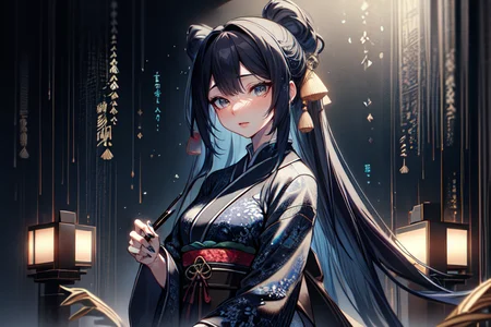 highly insanely detailed, masterpiece, top quality, best quality, highres, 4k, 8k, RAW photo, (very aesthetic, beautiful and aesthetic),
(code_style,codestyle),japanese text,traditional chinese text,
<lora:CodeStyle (half generic class)_564920:0.8>,
(1girl:1.3), 1other,
indigo background,âââ