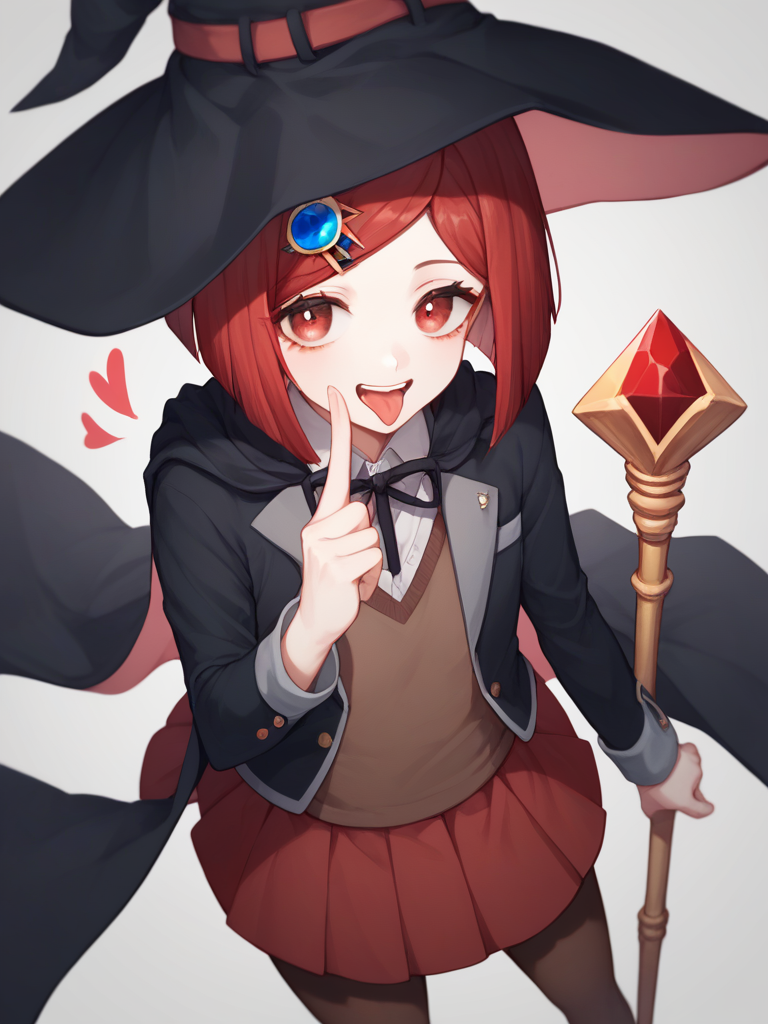 score_9,score_8_up,score_7_up,<lora:danganronpa_all:1>,1girl, character: yumeno himiko, solo, grey background, cowboy shot, hand up, looking at viewer, standing, open mouth, tongue out, red eyes, red hair, short hair, bob cut, hairclip, black cape, brown pantyhose, pleated skirt, red skirt, school uniform, shirt, witch hat, black ribbon, long sleeves, highres, :d, blazer, character name, club (shape), dated, diamond (shape), gem, heart, spade (shape), staff, commentary