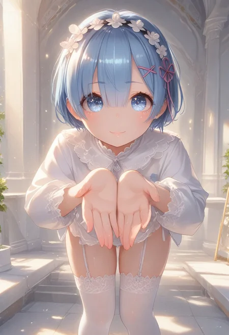 score_9,score_8_up,score_7_up, masterpiece, Henreader, 1girl, solo, source_anime, scenery, (mature woman:1.2), (wide thighs), (wide hips), (Adult woman), (tall woman) ,(detailed eyes, high definition eyes,high gradient eyes,eyesHD), (best quality:1.4), a close up of a woman with colorful hair, anime girl with cosmic hair, rossdraws pastel vibrant, artwork in the style of guweiz, fantasy art style, colorful, vibrant fantasy style, cosmic and colorful, guweiz, colorfull digital fantasy art, stunning art style, beautiful anime style, shiny, shiny skin, (beautiful female), beautiful face, clear face, Shiny hair, (blue hair:1.2), (short hair), (blue eyes:1.2), mischiveous smile, provocative look, Expressiveh, concept art, beautiful_female_fingers, perfect hands, detailed hands, beautiful hands, professional anime, (rem from re:zero), (rem), hair ornament, hair over one eye, hair ribbon, short hair, x hair ornament, big breasts, perfect body, seductive girl, BentOverPOV, standing, from behind, kneepits, ass focus, bent over, looking at viewer, ass, (thighs spread), (white sexy one-piece lingerie), (lace), (white stockings), (garter), (white garter strap)