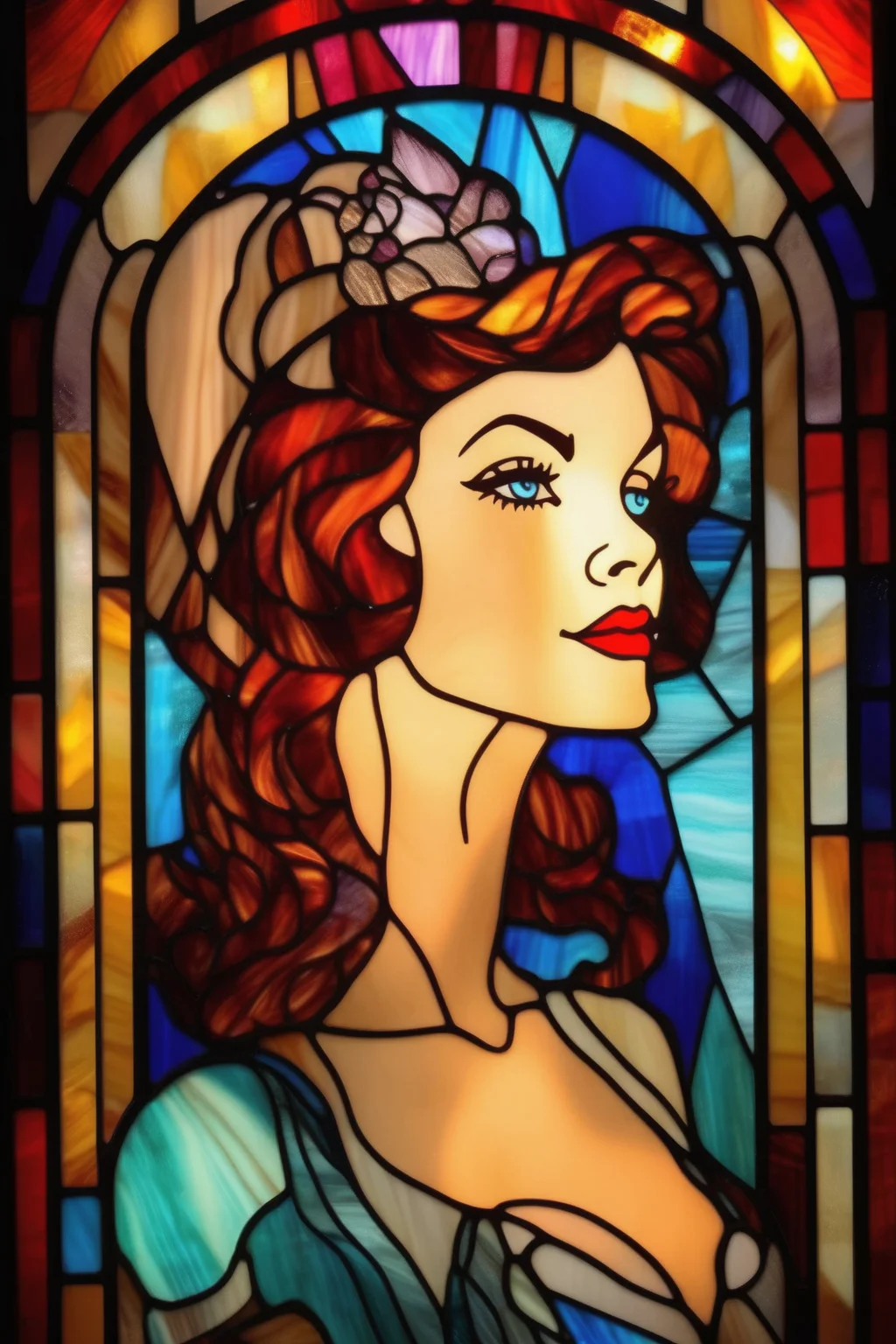 <lora:Stained Glass Portrait:1>Stained Glass Portrait - stained glass woman portrait of a beautiful pin up woman - unbeta
