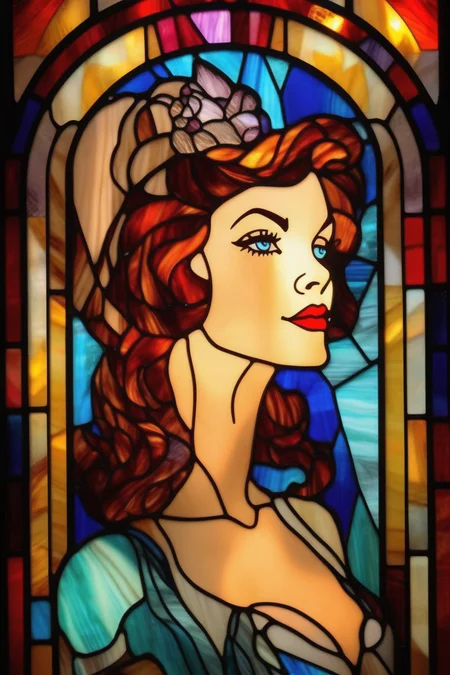 <lora:Stained Glass Portrait:1>Stained Glass Portrait - stained glass woman portrait of a beautiful pin up woman - unbeta