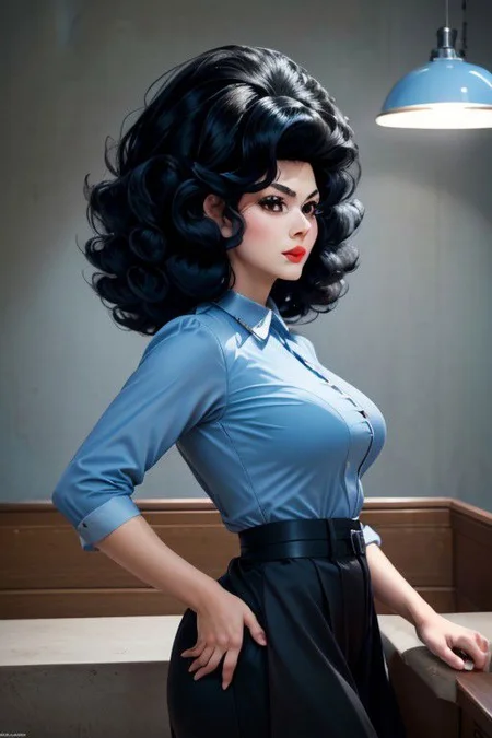 picturesque multiple views, solo, a woman with a very large dark wig, thick eyebrows, puffy lips, red lipstick, blush, heavy makeup, smirk, (high detailed face:1.1), (huge jet black 60's hair:1.3) (pale skin:1.3), cinematic lighting, dynamic pose, eye contact, (retro american diner), ((light blue retro waitress outfit)), white apron, picturesque background<lora:big_hair-1.0:0.8>, (high detailed face:1.1), <lora:add_detail:1>, (huge jet black 60's hair:1.3) (pale skin:1.3), (Bouffant Hair:1.3), (high detailed skin:1.1), (huge jet black 60's bouffant hair:1.3), (high detailed skin:1.1), 4k, realistic, (photorealistic:1.3), (shadows:1.2), finely detailed face, flawless seductive big bright blue eyes, thick eyebrows, luscious lips, wide jaw, detailed skin, glossy skin, skindentation, narrow waist, realistic, perfect anatomy, glamorous pose, perfect proportions, (masterpiece:1.5), (best quality:1.5), (intricate details:1.5), (sharpen details), (ultra detailed face, ultra detailed eyes, ultra detailed mouth, ultra detailed body, ultra detailed hands, ultra detailed clothes:1.5), ((frontview closeup:1.5)),