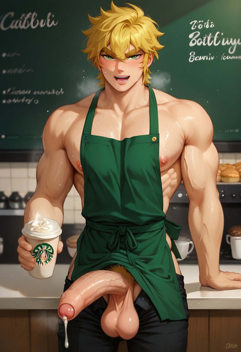 score_9, score_8_up, score_7_up, score_6_up, score_5_up, score_4_up, Jabu, dark blonde hair, bangs, hair between eyes, green eyes, light skin, thick eyebrows, 
solo, male, cropped yellow tunic, black pants unbuttoned,
sweat drops, photography, {{serving Starbucks coffee}}, (bedroom eyes:1.3), open mouth, ultra realism shading, huge pecs, barista, starbucks, biceps, {green apron}, muscular, balls, flacid uncut cock, nsfw, {{bottom apron lift}}, pubic hair, huge penis, foreskin, saggy balls, precum, wet penis, veiny penis, cum in coffee, thick white liquid pouring out of coffee glass