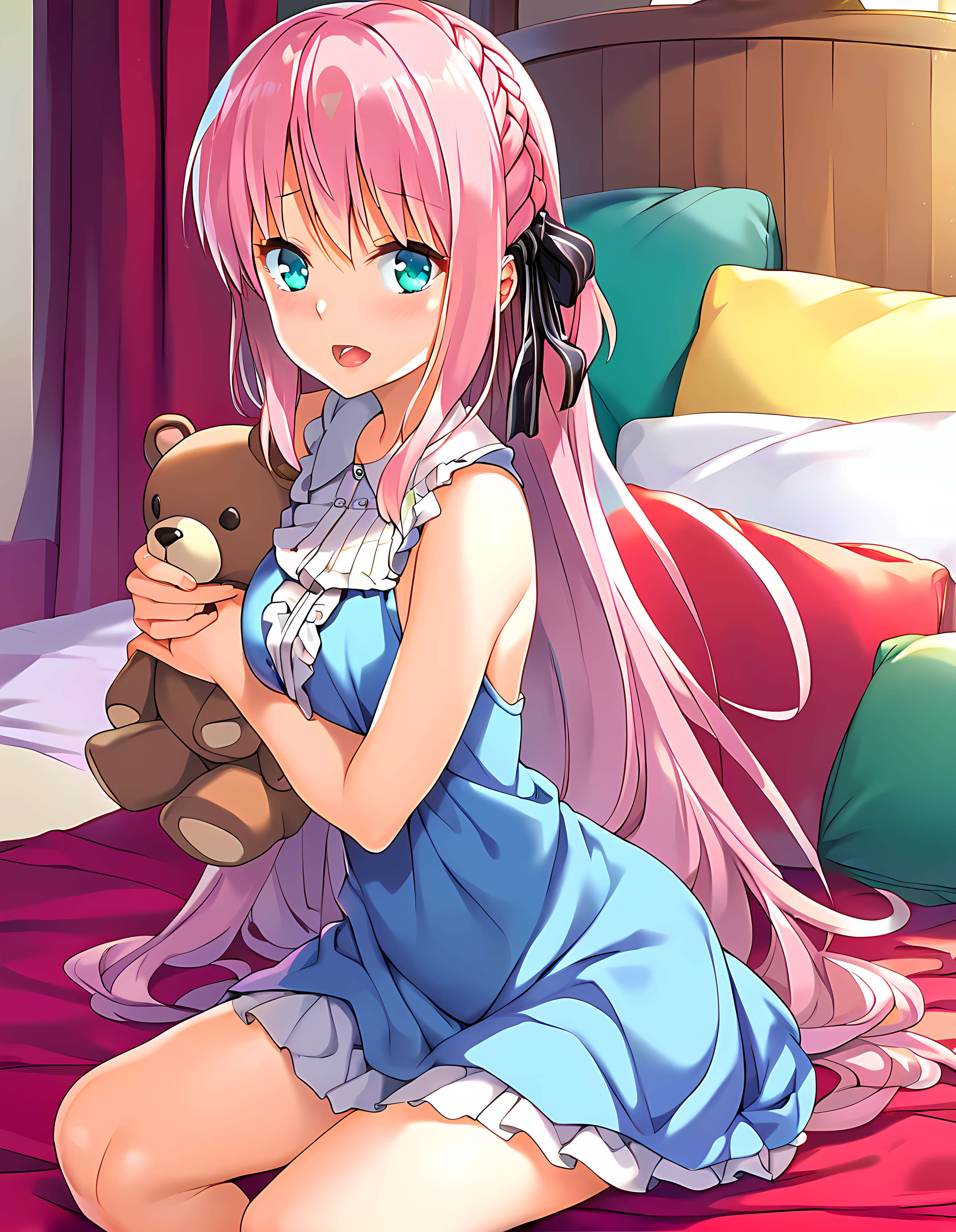 <lora:pony_xl_kaname:0.9>,kaname,score_9,score_8_up,score_7_up,source_anime,best quality,masterpiece,super fine illustration,1girl,solo,long hair,very long hair,sidelocks,hair bow,black bow,small breasts,looking at viewer,blush,open mouth,blue dress,sleeveless shirt,sleeveless,blue skirt,indoors,pillow,bed,holding_stuffed_animal,stuffed animal,teddy bear,bed sheet,little_girl,sitting,wariza,child,