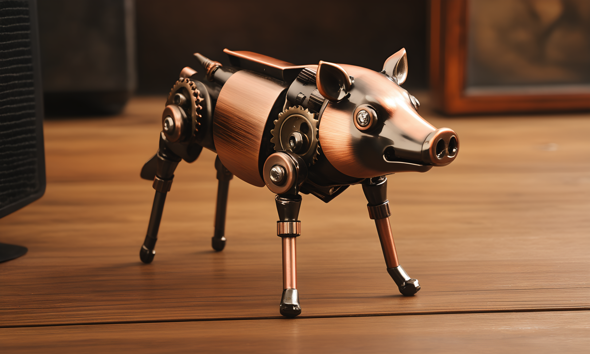 <lora:vintagemechcd_xl-000012:0.8>,a simple-structured boar made of vintagemechcd_xl standing on wooden table,desktop ornament,detailed,hi-res photo,bronze theme,chinese zodiac,no humans,close-up,microspur,indoors,living room,simple background, emotional,harmonious,high budget,moody,epic,gorgeous,perfect lighting,realistic,photorealistic,photographic,photo (medium),real,moody lighting,volumetric lighting,reality ray tracing,8K,HDR,UHD,masterpiece,best quality,highly detailed,high resolution,finely detail,extremely detailed,ultra detailed,wallpaper