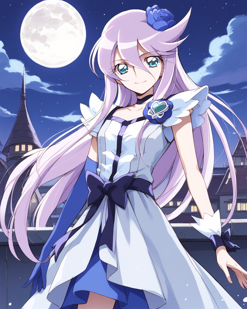 <lora:cure_moonlight-000009:0.8>,cure moonlight,aqua eyes,purple hair,long hair,
hair flower,brooch,(single elbow glove),(single wrist cuff),dress,waist bow,
1girl,solo,
standing,cowboy shot,
rooftop,night,starry sky,moon,
light smile,
BREAK, score_9,score_8_up,score_7_up,source_anime,best quality,masterpiece,uncensored,detailed eyes,<lora:add-detail-xl:0.7>