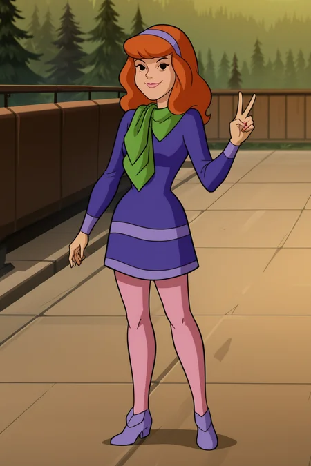 score_9, score_8_up, score_7_up, score_6_up, score_5_up, score_4_up, BREAK, <lora:Daphne:1>, 1girl, Daphne, orange hair, black eyes, no pupil, no sclera, purple hairband, purple dress, short dress, pink pantyhose, purple boots, green scarf, standing, peace sign, smiling, closed mouth