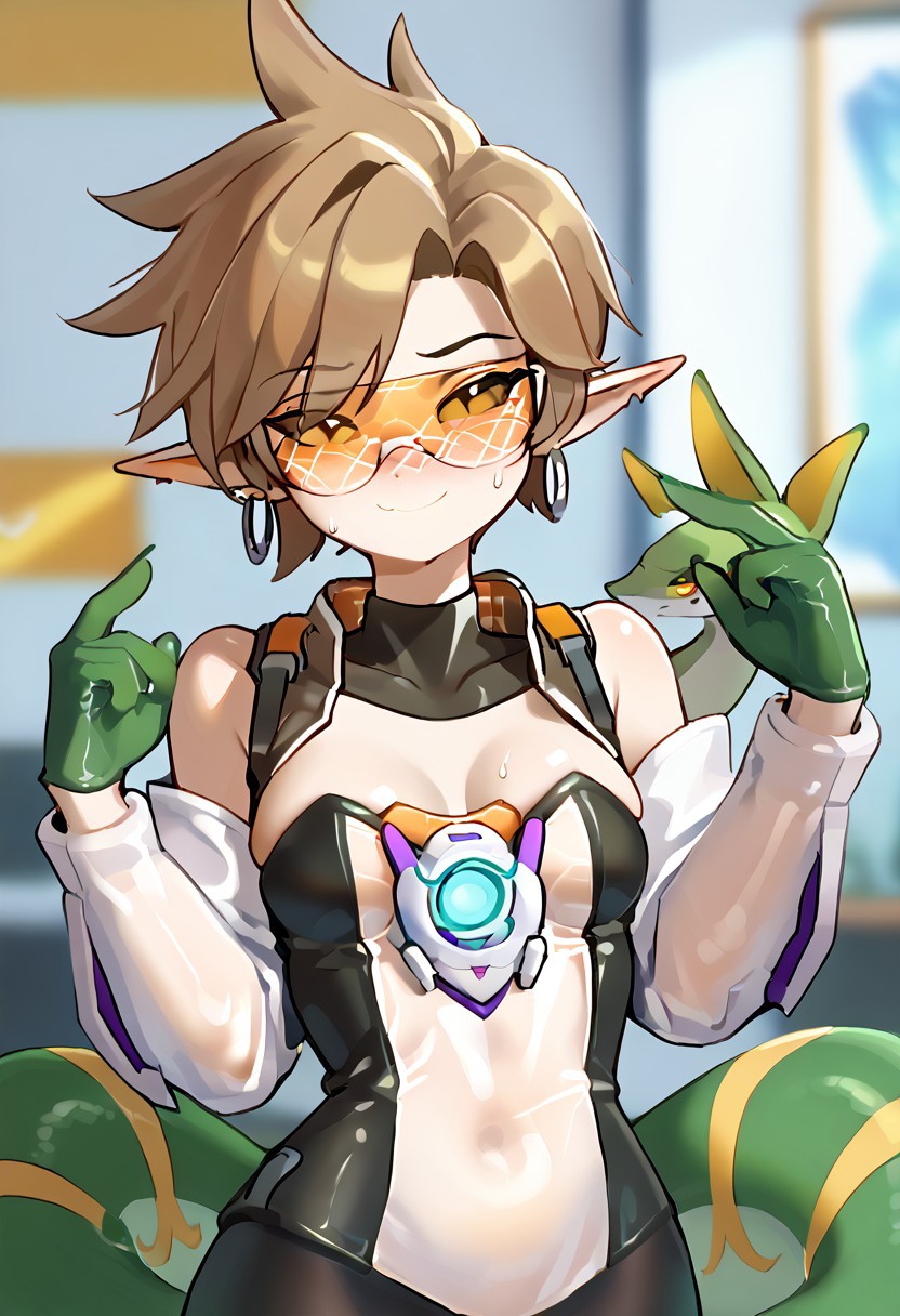 score_9, score_8_up. score_7_up,<lora:honkibooty:1>,green skin,colored skin
1girl,tracer,serperior,SerpXL,breasts,solo,sweat,pokemon (creature),flashing,looking at viewer,hands up,blush,smile,indoors,blurry,blurry background,bare shoulders,half-closed eyes,nose blush,<lora:yuio_style_PONYXL:1>,<lora:Mizah_style:1>,1girl,short hair,brown hair,brown eyes,freckles,swept bangs,piercing,spiked hair,ear piercing,BREAK translucent bunnysuit,Lam1a, scales, snake tail, lamia, pointy ears, slit pupils,Tracerkpop  , Tracer (overwatch)