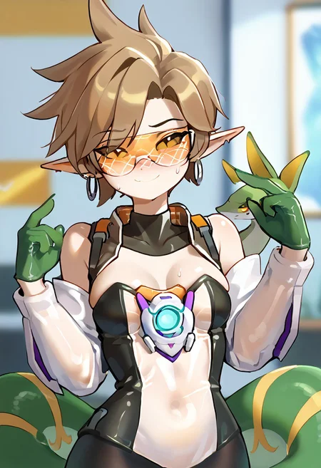 score_9, score_8_up. score_7_up,<lora:honkibooty:1>,green skin,colored skin
1girl,tracer,serperior,SerpXL,breasts,solo,sweat,pokemon (creature),flashing,looking at viewer,hands up,blush,smile,indoors,blurry,blurry background,bare shoulders,half-closed eyes,nose blush,<lora:yuio_style_PONYXL:1>,<lora:Mizah_style:1>,1girl,short hair,brown hair,brown eyes,freckles,swept bangs,piercing,spiked hair,ear piercing,BREAK translucent bunnysuit,Lam1a, scales, snake tail, lamia, pointy ears, slit pupils,Tracerkpop , Tracer (overwatch)