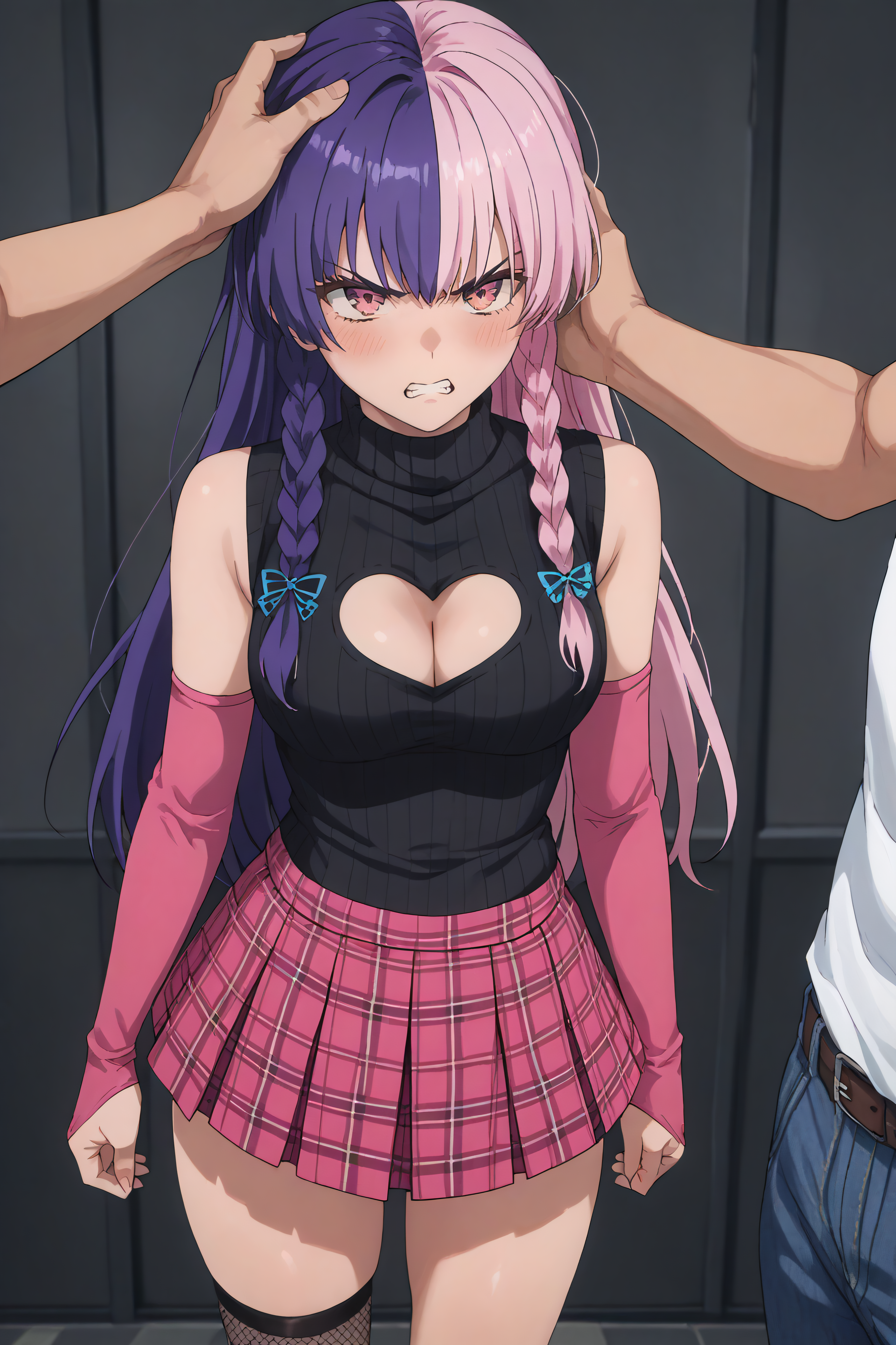 score_9, score_8_up, score_7_up, score_6_up, source_anime, BREAK, <lora:Nagomi-PonyXL-lora-Faxtron:0.8> nagomi, purple hair, pink hair, multicolored hair, long hair, braid, cleavage cutout, black turtleneck, sleeveless, pink elbow gloves, pink plaid skirt, single thighhigh,  <lora:ponyxl-head_grab-concept-v01:1> head grab, angry,