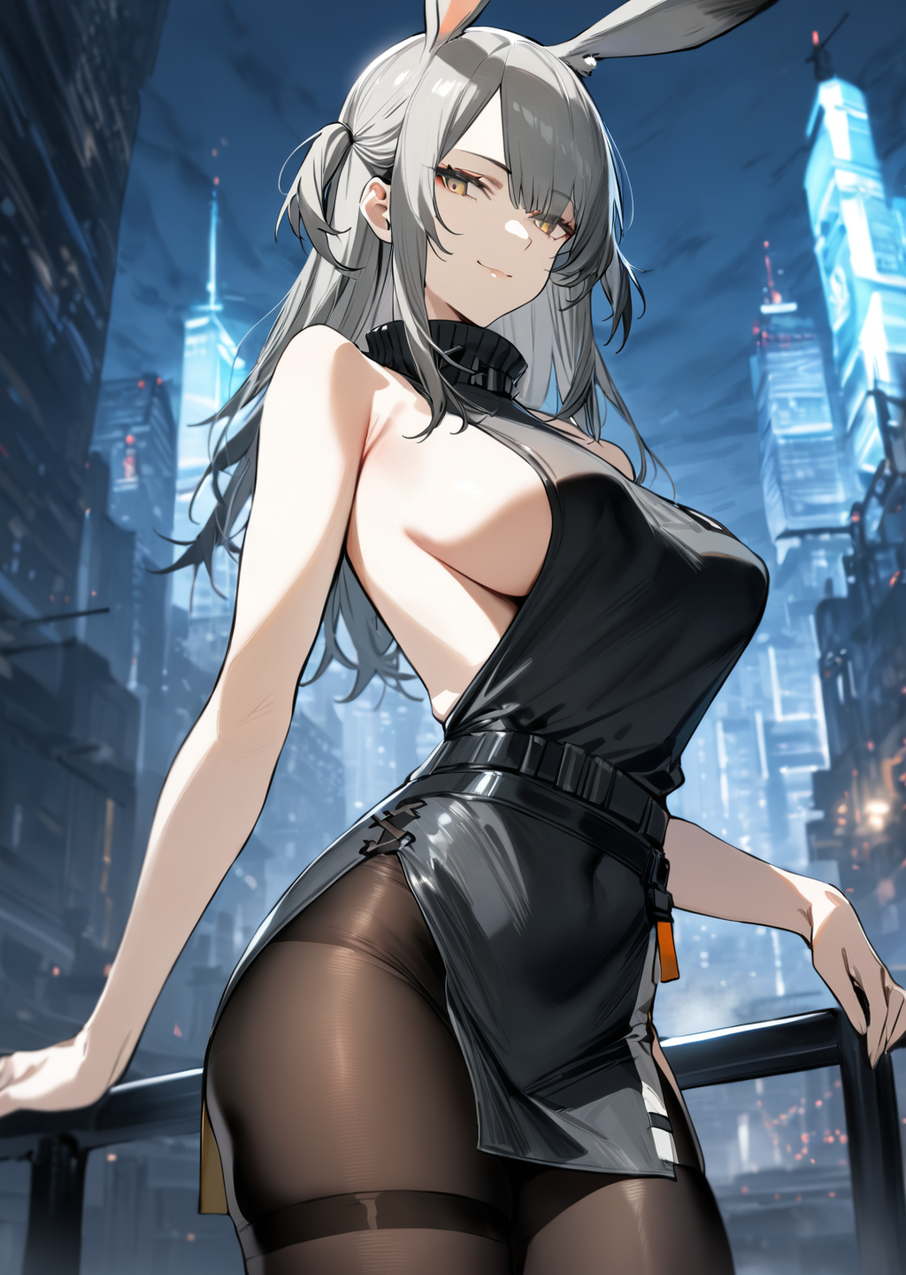 masterpiece, best quality, very aesthetic, absurdres, 1girl, solo, savage \(arknights\), arknights, rabbit ears, large breasts, asymmetrical bangs, high collar short dress, side slit, play pantyhose, sideboob, two side up, bare arms, bare shoulders, cowboy shot, blurry background, city, closed mouth, light smile, moody, <lora:yabeai-anxl-000057:0.9>,