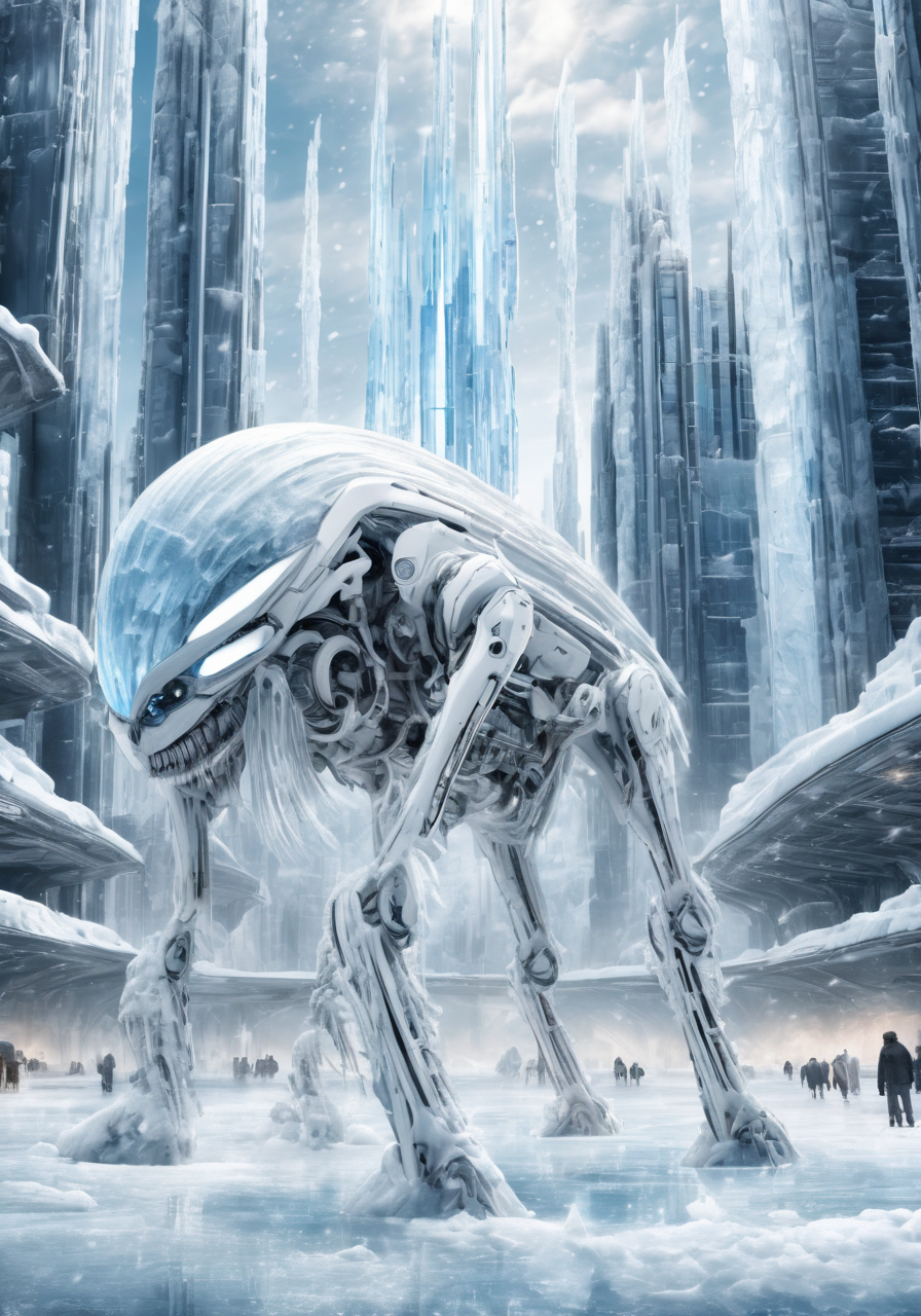 ultra-high precision detail,8k,<lora:ç§å¹»-éªåé»çº¢sdxl:0.6>,ice,snow,the surface of this distant planet is covered with white ice,for tens of thousands of years as the temperature drops,sports car,huge artificial urban structure stuck in ice,equipment and machinery in the city have long ceased to function,only the ice-locked form stands on the ice sheet,like a predatory monster,it shows the outline of its bones,(Masterpiece, high quality, best quality, official art, beauty and aesthetics:1.2),robot joints,exquisite,metal crystal,photon force field,