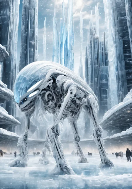 ultra-high precision detail,8k,<lora:ç§å¹»-éªåé»çº¢sdxl:0.6>,ice,snow,the surface of this distant planet is covered with white ice,for tens of thousands of years as the temperature drops,sports car,huge artificial urban structure stuck in ice,equipment and machinery in the city have long ceased to function,only the ice-locked form stands on the ice sheet,like a predatory monster,it shows the outline of its bones,(Masterpiece, high quality, best quality, official art, beauty and aesthetics:1.2),robot joints,exquisite,metal crystal,photon force field,