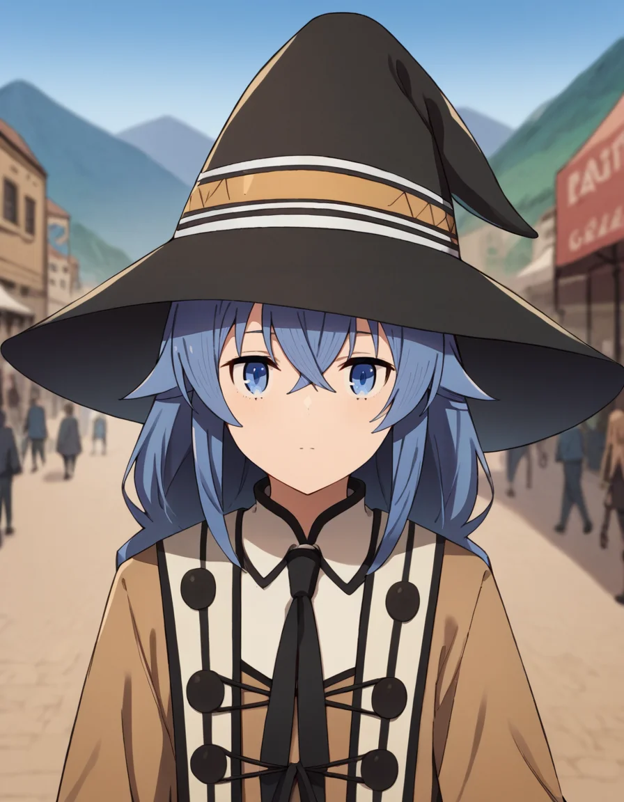 score_9, score_8_up, score_7_up, source_anime,
1girl, solo, looking at viewer, outdoors, mountains, blurry background, teen, city, walking, upper body, crowd, market,
<lora:roxy_migurdia_anime_s2_v4-soralz:1>, roxy migurdia, long hair, blue hair, hair between eyes, crossed bangs, black ribbon,
black hat, brown cape, collared shirt, long sleeves, black necktie,