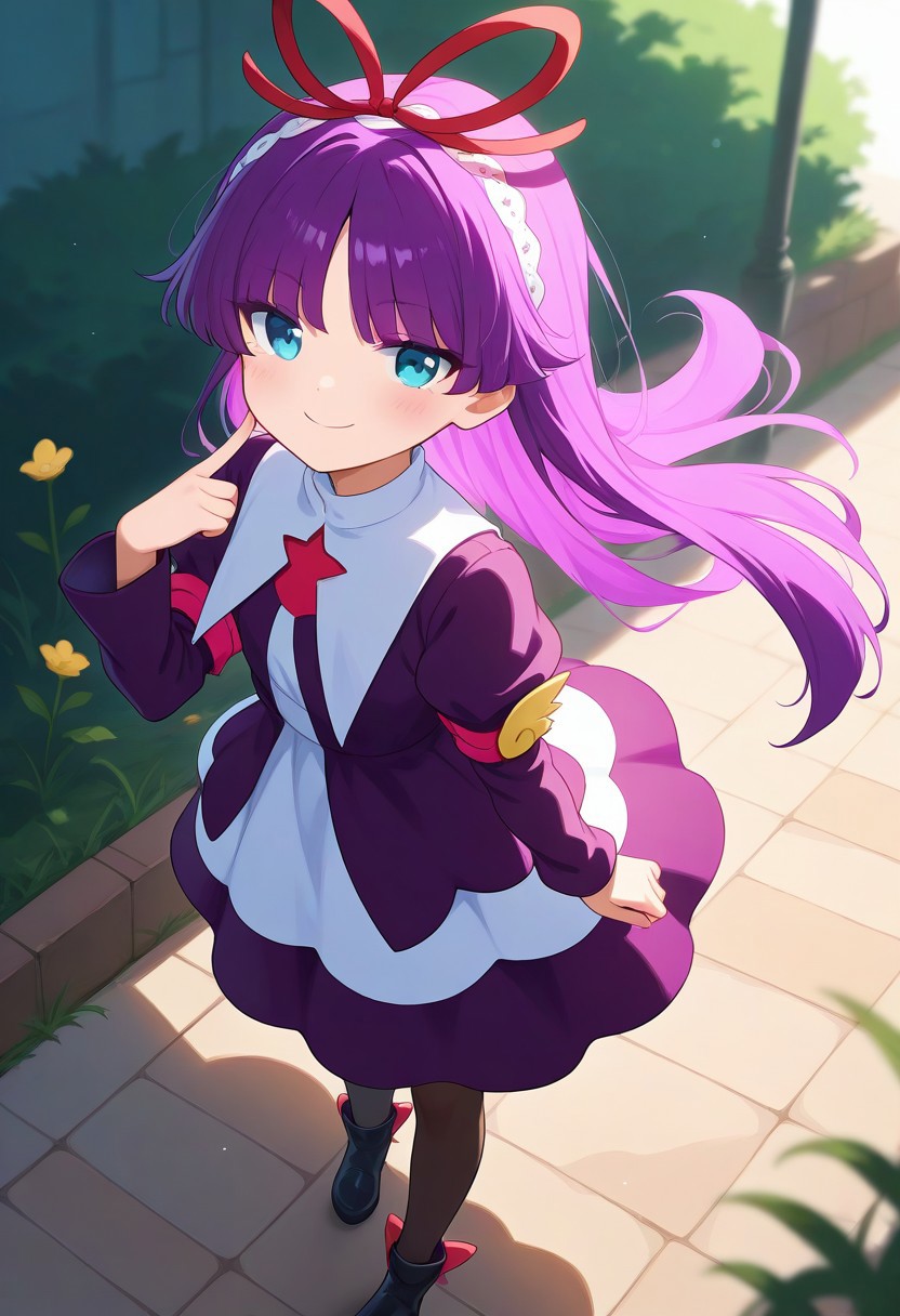 <lora:PFeli_SDXL_Illustrious01_fp16_ver01:1>,PFeli, 1girl, long hair,purple hair, pantyhose, dress,red ribbon, blue eyes, black footwear,long sleeves, red bow,hairband,smile,newest, masterpiece, best quality, very aesthetic, absurdres,<lora:detailed_hands:1>,hand
