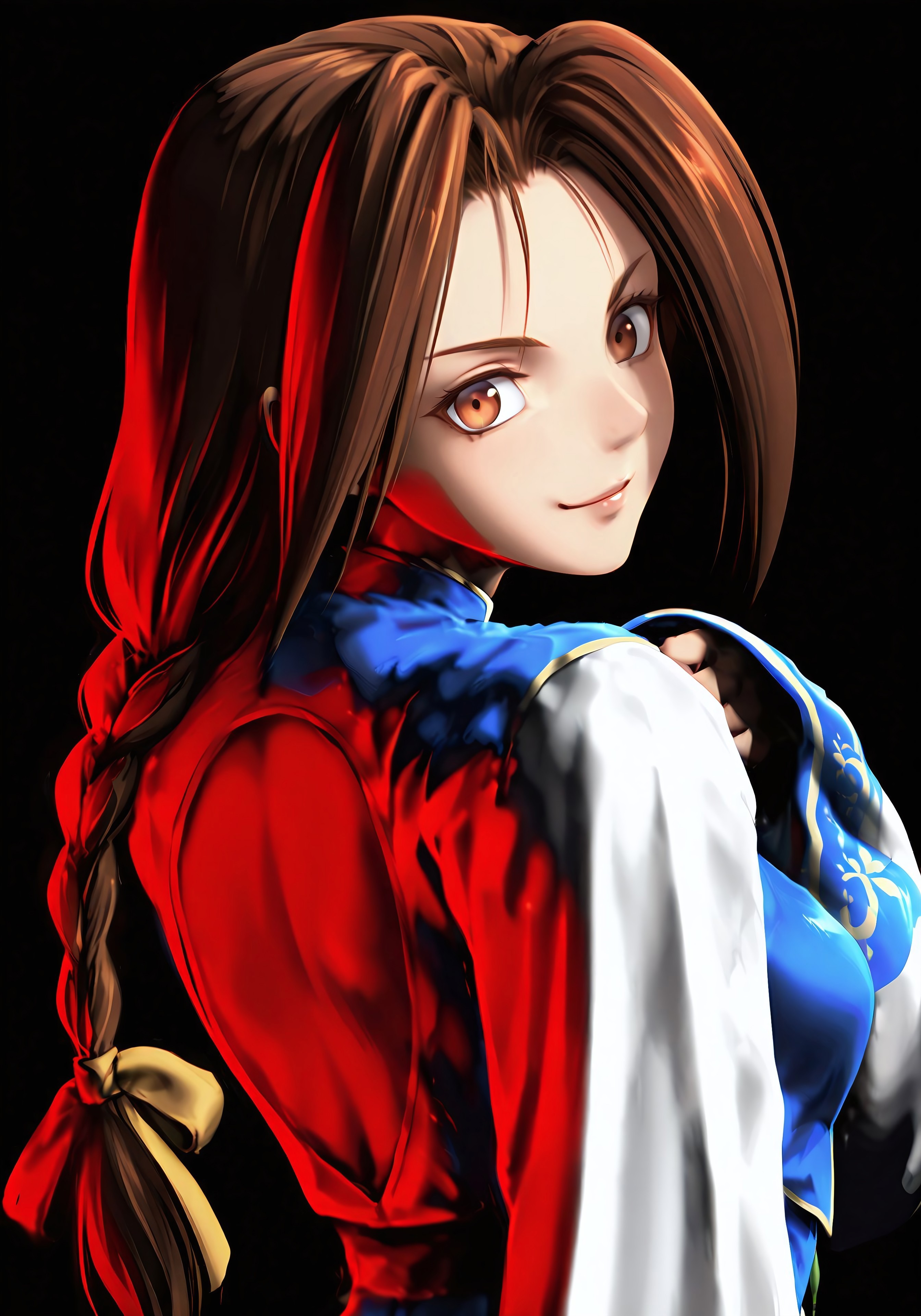 safe_pos, highres, absurdres, masterpiece, best quality, source_anime, BR3Uriko1P, 1girl, solo, sexy, cute, slender, middle breasts, brown hair, braided ponytail, yellow ribbon behind hair, brown eyes, blue china dress, pelvic curtain, sleeves past wrists, back, blue shorts, white socks, blue sneakers, pov, upper body, face focus, looking at viewer, evil smile, dynamic pose, red shadow, black background