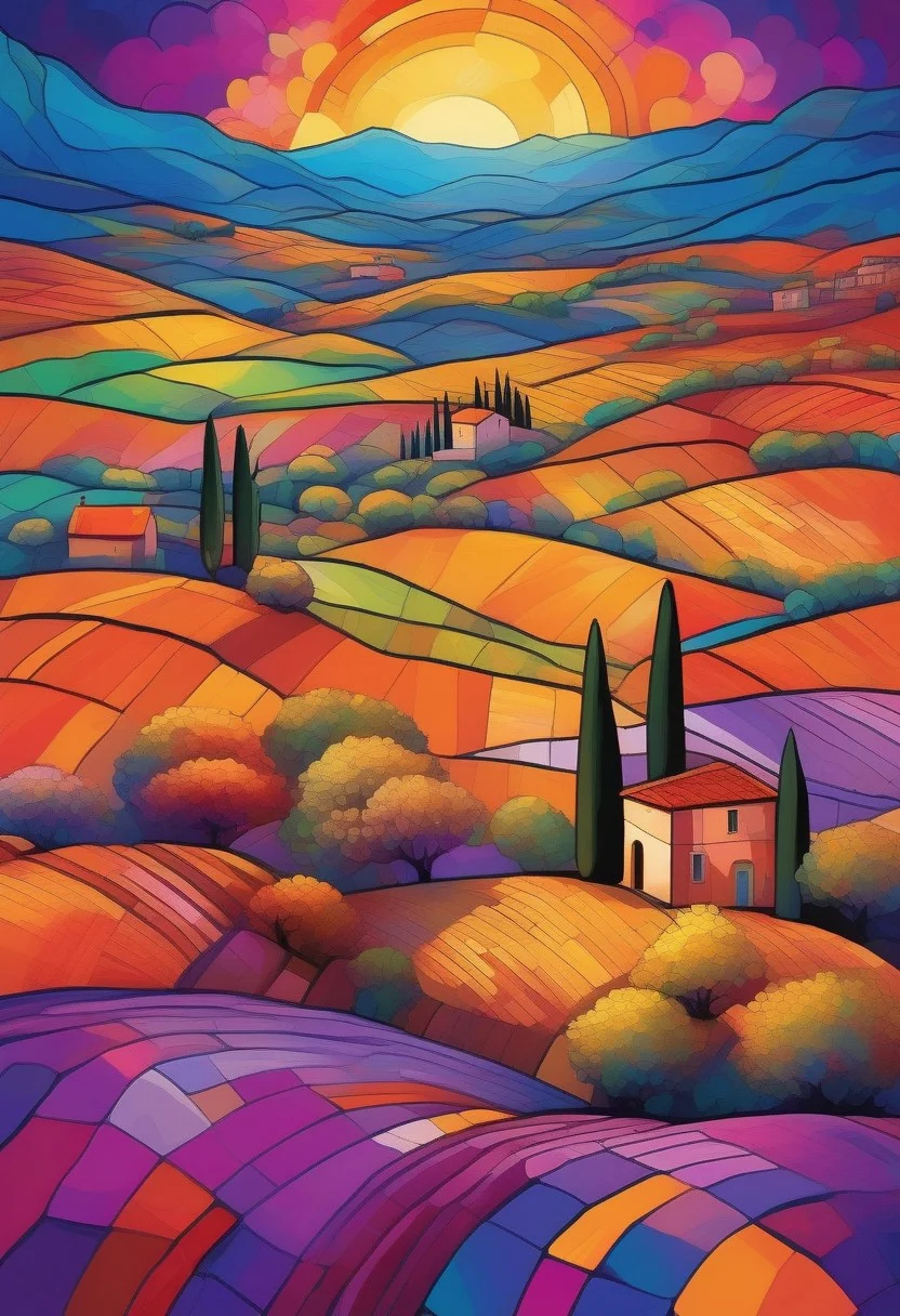 Rolling hills of Tuscany in a vibrant psychedelic style, with bold, surreal colors separated by sharp black lines, creating a stained-glass effect. A small village in the distance with terracotta rooftops and stone walls, stylized with vivid hues of purple, blue, and orange. Cypress trees and wildflowers rendered in exaggerated, kaleidoscopic patterns. Golden sunlight breaking through in fragmented beams, casting a dreamlike glow over the landscape. Highly detailed, surreal composition, inspired by psychedelic art and Italian countryside aesthetics, 8K resolution, vivid and trippy yet harmonious color palette, a mesmerizing and otherworldly mood.