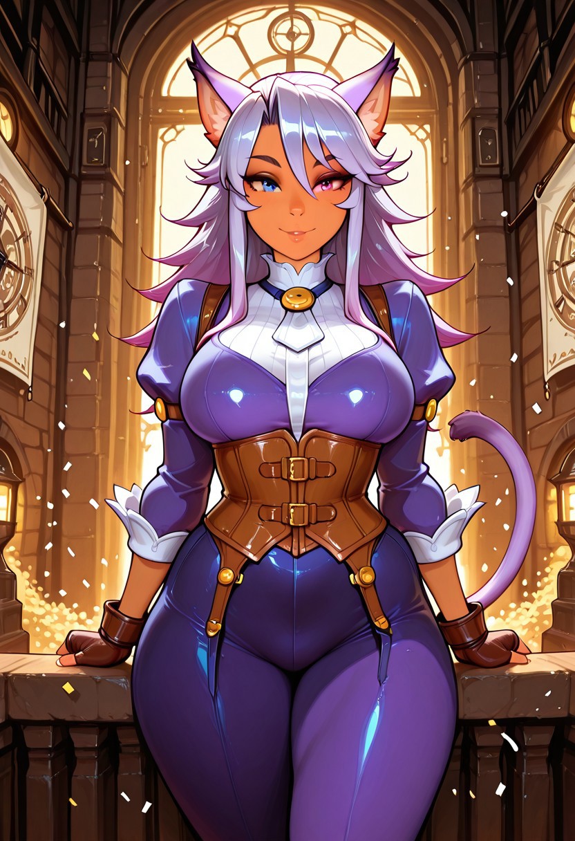 masterpiece, best quality, amazing quality, very aesthetic, absurdres, newest, bright, background, masterpiece, best quality, amazing quality, very aesthetic, volumetric lighting, BREAK ambient occlusion, intricate background, low lighting, rim light, (beautiful face), BREAK masterpiece, highly detailed,1girl, beautiful eyes, big eyes, detailed eyes, detailed pupils, perfect body, BREAK, anthro, furry, fur, catgirl, a felineko girl in steampunk industrial fantasy clothe look a clocktower form a street point of view balcony, silver hair, heterochromia eyes, yellow& bleu iris eyes, steampunk town, clock tower in city background, industrial clothe, corset, leather fingerless glove, pant, furry girl, mature female, adult, adult torso, little tail bronx, tail concerto, solatorobo, fuga melody of steel, feast day, confetti, banner, flying island in sky, fantasy \(theme\),Kittew Style (by nyantcha, by incase, by in (ain), by Kelvin Hiu, by Sorapoi, by omar dogan, by devilhs:0.7),  AddXL,Rubric Maxim,hrg1g3r4rhp,
