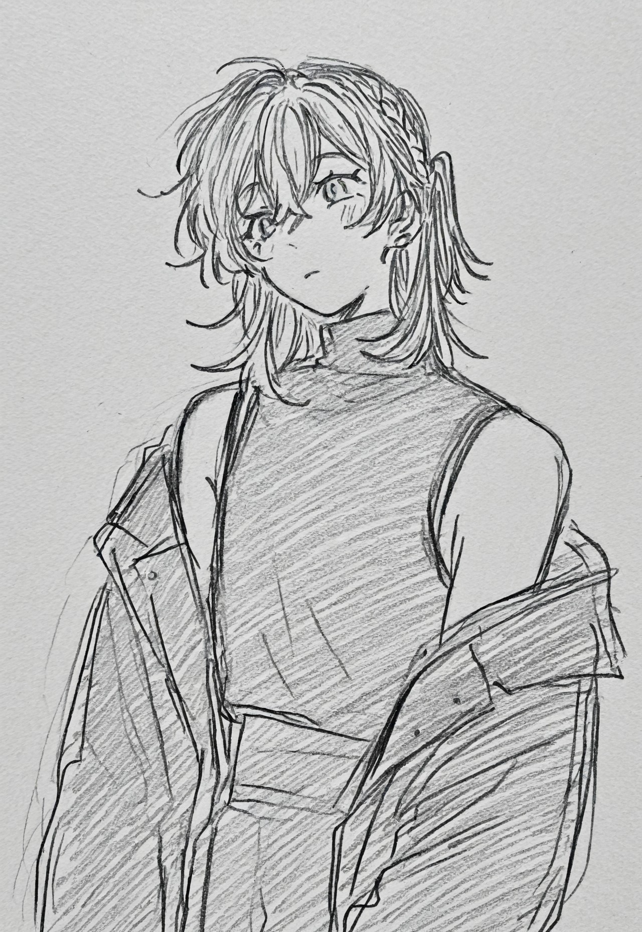 safe_pos, high resolution, 1boy, solo, medium hair, half up braid, jacket, turtleneck, jacket off shoulders, sleeveless shirt,greyscale, sketch,