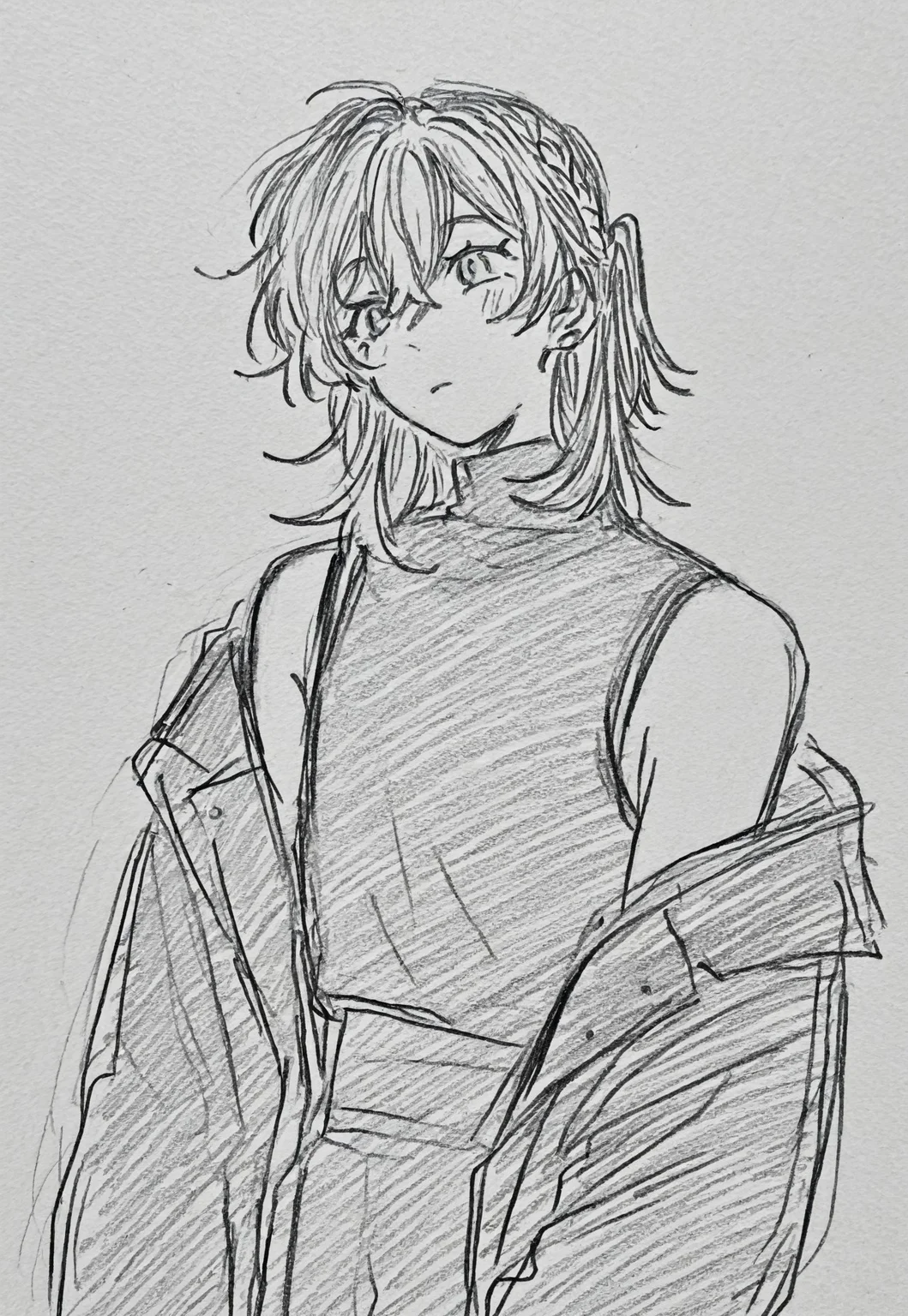 safe_pos, high resolution, 1boy, solo, medium hair, half up braid, jacket, turtleneck, jacket off shoulders, sleeveless shirt,greyscale, sketch,