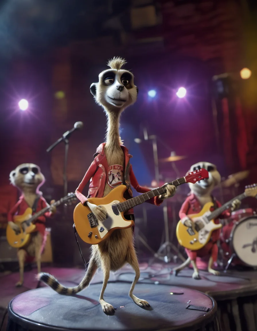 stopmotion, a Meerkat playing guitar in a club, rock band, concert <lora:STOPMO_1.12_RC:0.9>