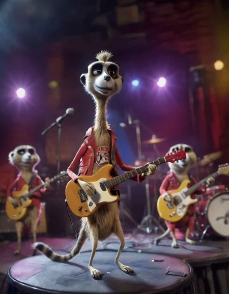 stopmotion, a Meerkat playing guitar in a club, rock band, concert <lora:STOPMO_1.12_RC:0.9>