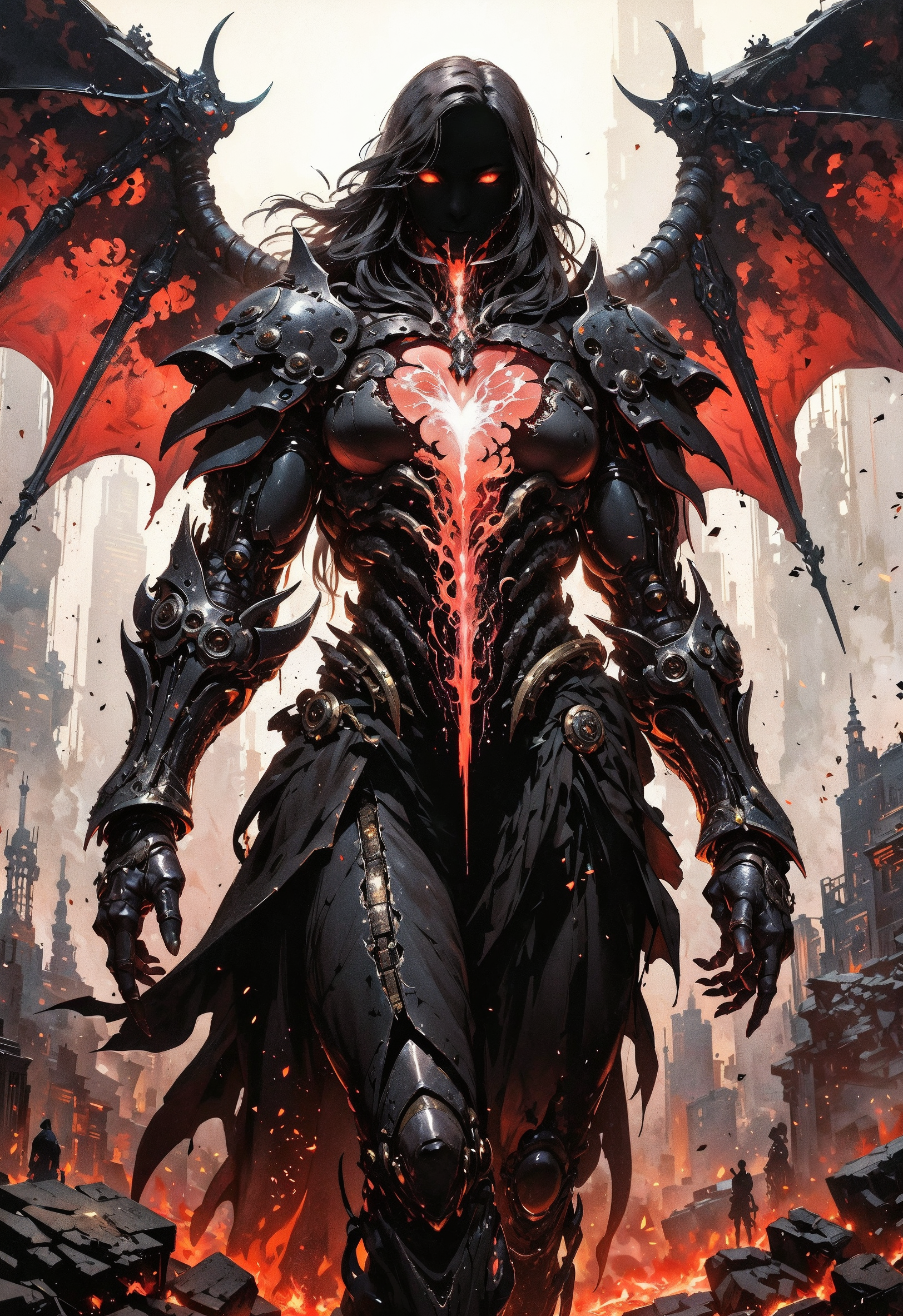 (in Krenz Cushart style:1.2), high-quality, masterpiece, A spectral warrior, her body flickering between physical form and shadowy essence, adorned in broken armor that shifts between metal and smoke, Her heart is an exposed core of swirling darkness, and her eyes blaze with spectral fire, The backdrop is a battlefield littered with crumbling ruins and ghostly figures, high contrast, smoke effects, motion blur, dynamic lighting, (elaborate fine details:1.1), (elaborately detailed attire with extraordinary elements:1.1), (hyperdetailed:1.1), (intricate details:1.0), (Refined details:1.1), (best quality:1.1), (high resolution:1.2)