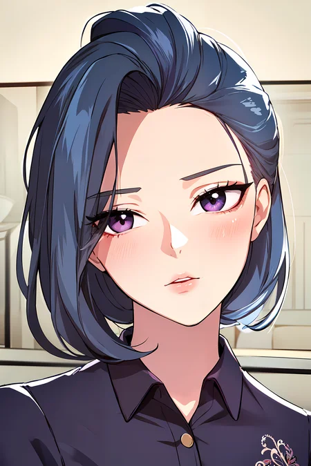 (masterpiece:1.2), best quality, 1lady, hair slicked back, pastel blue hair, purple eyes,| goddess, black polo shirt, paisley, shirt, <lora:my_friends:0.5>, looking at viewer,