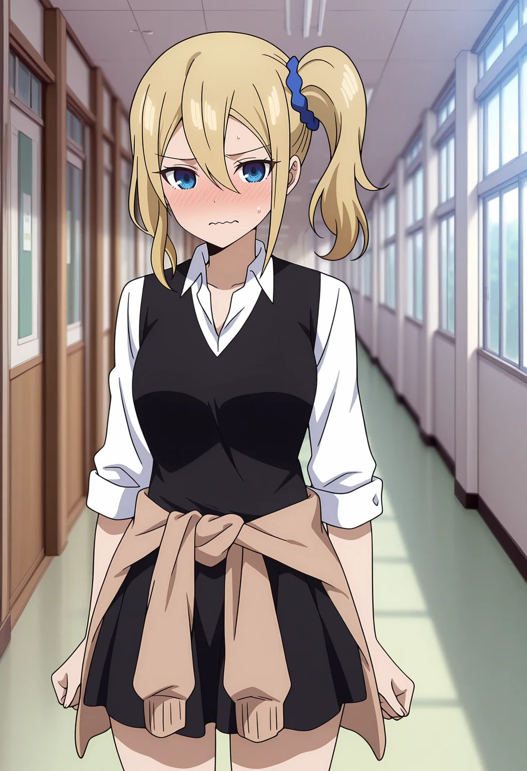 anime screencap, masterpiece, best quality,
<lora:Kaguya-samaWaKokurasetai_HayasakaAi_IlluXL:0.9>,
1girl, solo, nose blush, wavy mouth, sweatdrop,
side ponytail, hair between eyes, long hair, blonde hair, blue eyes, hair scrunchie, blue scrunchie,
HayasakaSummerUniform, black vest, open collar, collared shirt, white shirt, sleeves rolled up, cardigan around waist, brown cardigan, miniskirt, black skirt,
standing, looking at viewer, cowboy shot,
school, indoors, hallway, sliding doors, window, photo background, blurry background
