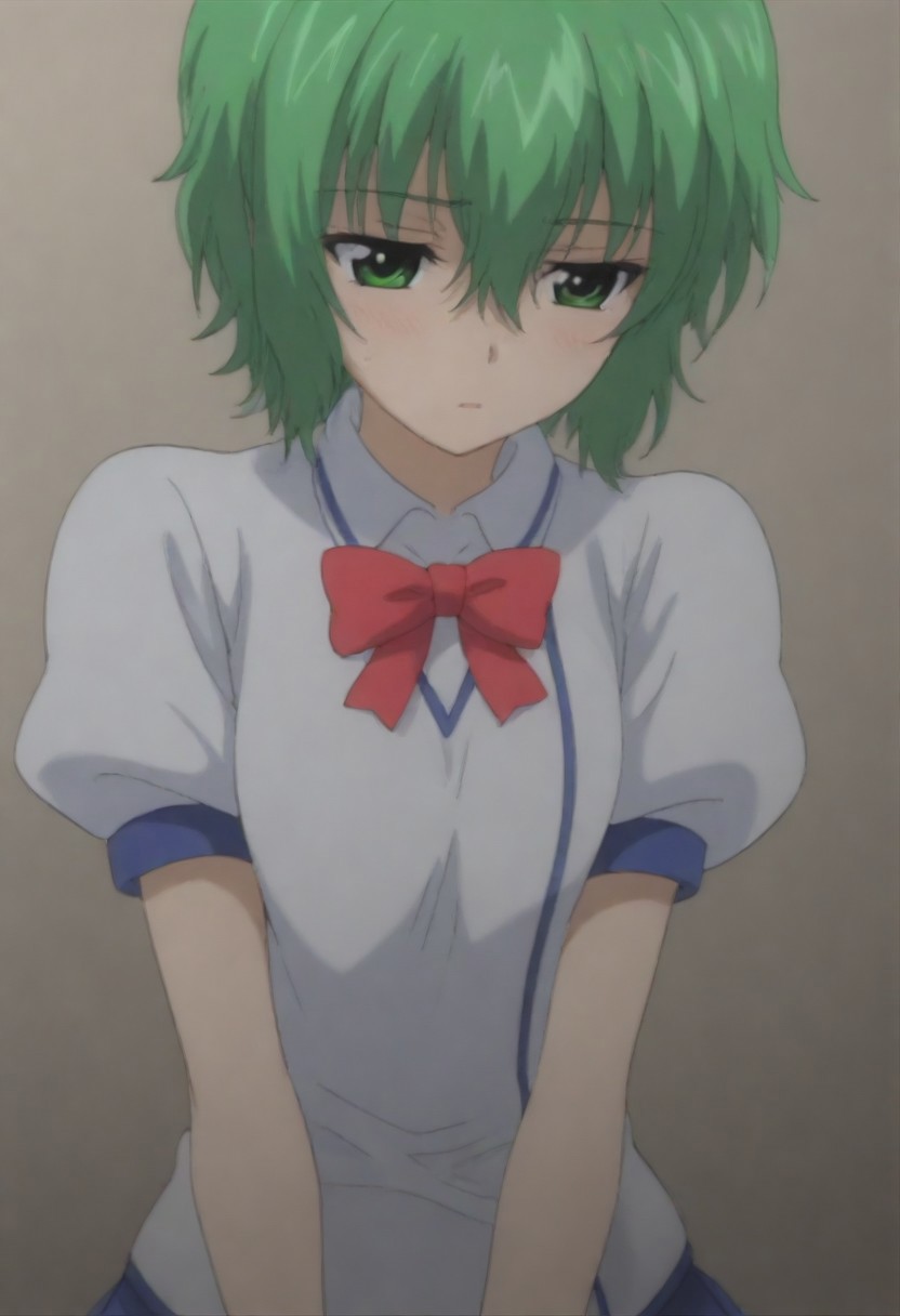 masterpiece, best quality, amazing quality, 1girl, solo,,, shiny skin,,,,, koroneww, green eyes, green hair, short hair, bangs, hair between eyes, school uniform, red bowtie, white school shirt, short sleeves, <lora:Korone_Ichiban_Ushiro_no_Daimaou_ill_v11:0.9>
