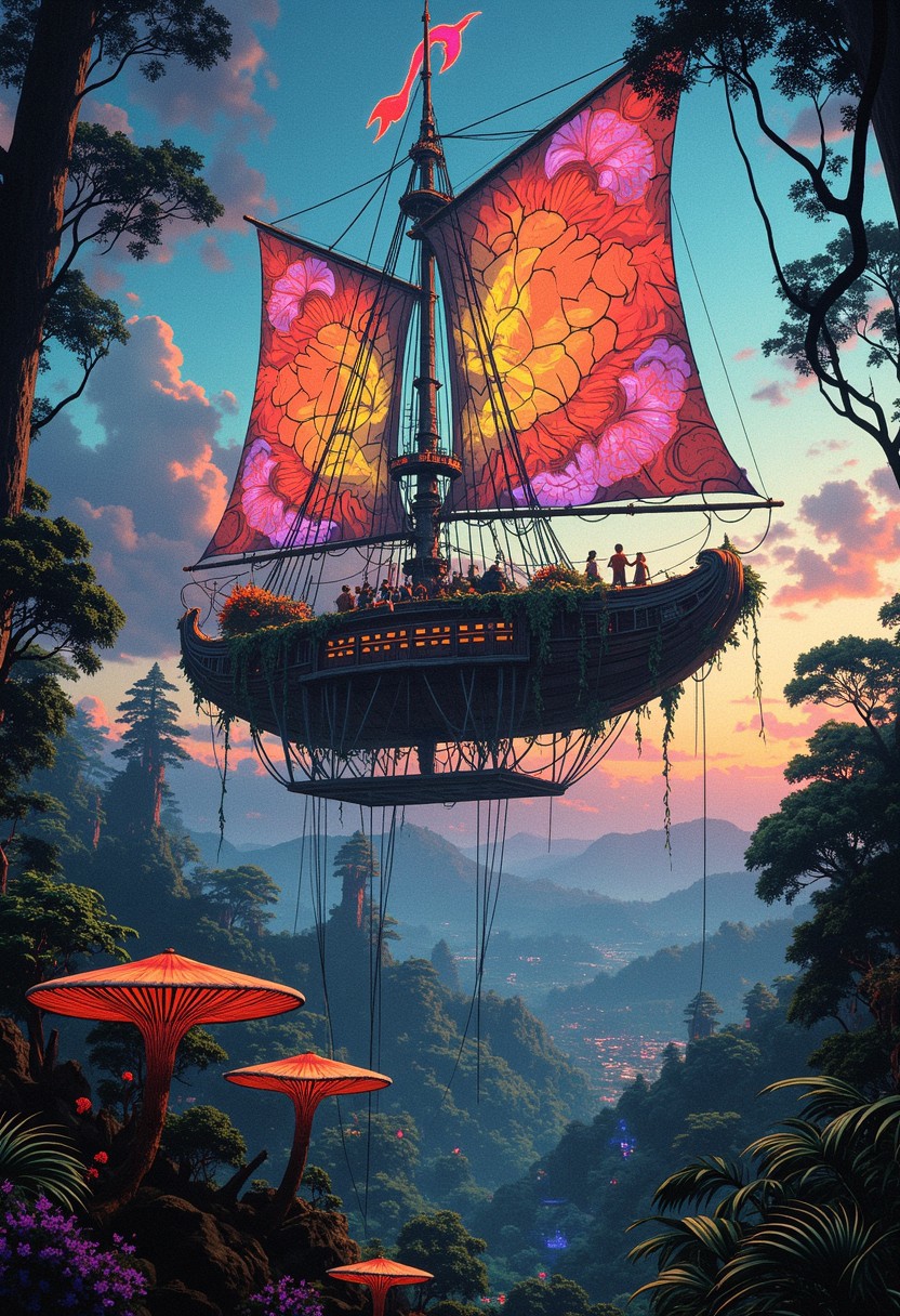 ne0nfant4sy. A magnificent airship. Its hull is like a living organism, pulsating with bioluminescent light as it drifts serenely through the twilight sky. Huge veins of rainbow-colored foliage form intricate patterns that form the airship's sails, catching the gentle breeze as it soars through the sky. Delicate tendrils extend from the underbelly of the airship toward the earth, gathering moisture and nutrients to maintain its organic structure. On the open deck of the airship, woven with living vines, Below, the jungle, teeming with strange and wonderful creatures, stretches to the horizon. Giant mushroom umbrellas glow with bioluminescence, illuminating the forest floor, while the towering branches of the trees reach skyward like gripping fingers, creating a bright green canopy. The air is filled with exotic birdsong and the rustle of leaves, creating a symphony of natural beauty. This scene captures the essence of fantasy and environmental harmony, blending organic technology, thriving ecosystems, and the wonder of exploration. The magnificent airship, the ethereal explorer, and the jungle below create a mesmerizing tableau that invites the viewer to journey and discover the secrets of this unique world. (wind speed: 1.15), particles, fantasy, biopunk, airship, 8K, hyperrealistic