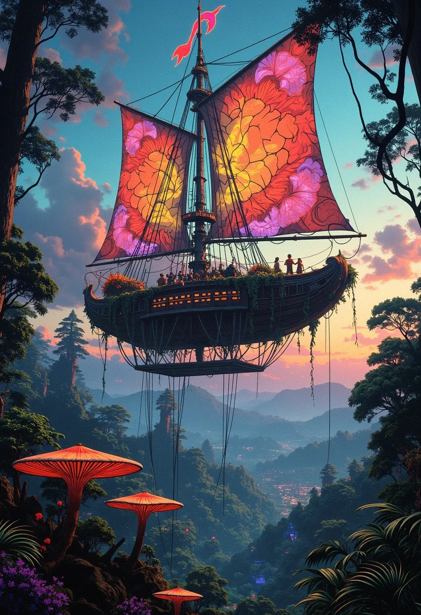 ne0nfant4sy. A magnificent airship. Its hull is like a living organism, pulsating with bioluminescent light as it drifts serenely through the twilight sky. Huge veins of rainbow-colored foliage form intricate patterns that form the airship's sails, catching the gentle breeze as it soars through the sky. Delicate tendrils extend from the underbelly of the airship toward the earth, gathering moisture and nutrients to maintain its organic structure. On the open deck of the airship, woven with living vines, Below, the jungle, teeming with strange and wonderful creatures, stretches to the horizon. Giant mushroom umbrellas glow with bioluminescence, illuminating the forest floor, while the towering branches of the trees reach skyward like gripping fingers, creating a bright green canopy. The air is filled with exotic birdsong and the rustle of leaves, creating a symphony of natural beauty. This scene captures the essence of fantasy and environmental harmony, blending organic technology, thriving ecosystems, and the wonder of exploration. The magnificent airship, the ethereal explorer, and the jungle below create a mesmerizing tableau that invites the viewer to journey and discover the secrets of this unique world. (wind speed: 1.15), particles, fantasy, biopunk, airship, 8K, hyperrealistic
