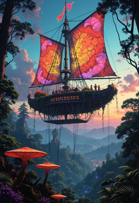 ne0nfant4sy. A magnificent airship. Its hull is like a living organism, pulsating with bioluminescent light as it drifts serenely through the twilight sky. Huge veins of rainbow-colored foliage form intricate patterns that form the airship's sails, catching the gentle breeze as it soars through the sky. Delicate tendrils extend from the underbelly of the airship toward the earth, gathering moisture and nutrients to maintain its organic structure. On the open deck of the airship, woven with living vines, Below, the jungle, teeming with strange and wonderful creatures, stretches to the horizon. Giant mushroom umbrellas glow with bioluminescence, illuminating the forest floor, while the towering branches of the trees reach skyward like gripping fingers, creating a bright green canopy. The air is filled with exotic birdsong and the rustle of leaves, creating a symphony of natural beauty. This scene captures the essence of fantasy and environmental harmony, blending organic technology, thriving ecosystems, and the wonder of exploration. The magnificent airship, the ethereal explorer, and the jungle below create a mesmerizing tableau that invites the viewer to journey and discover the secrets of this unique world. (wind speed: 1.15), particles, fantasy, biopunk, airship, 8K, hyperrealistic