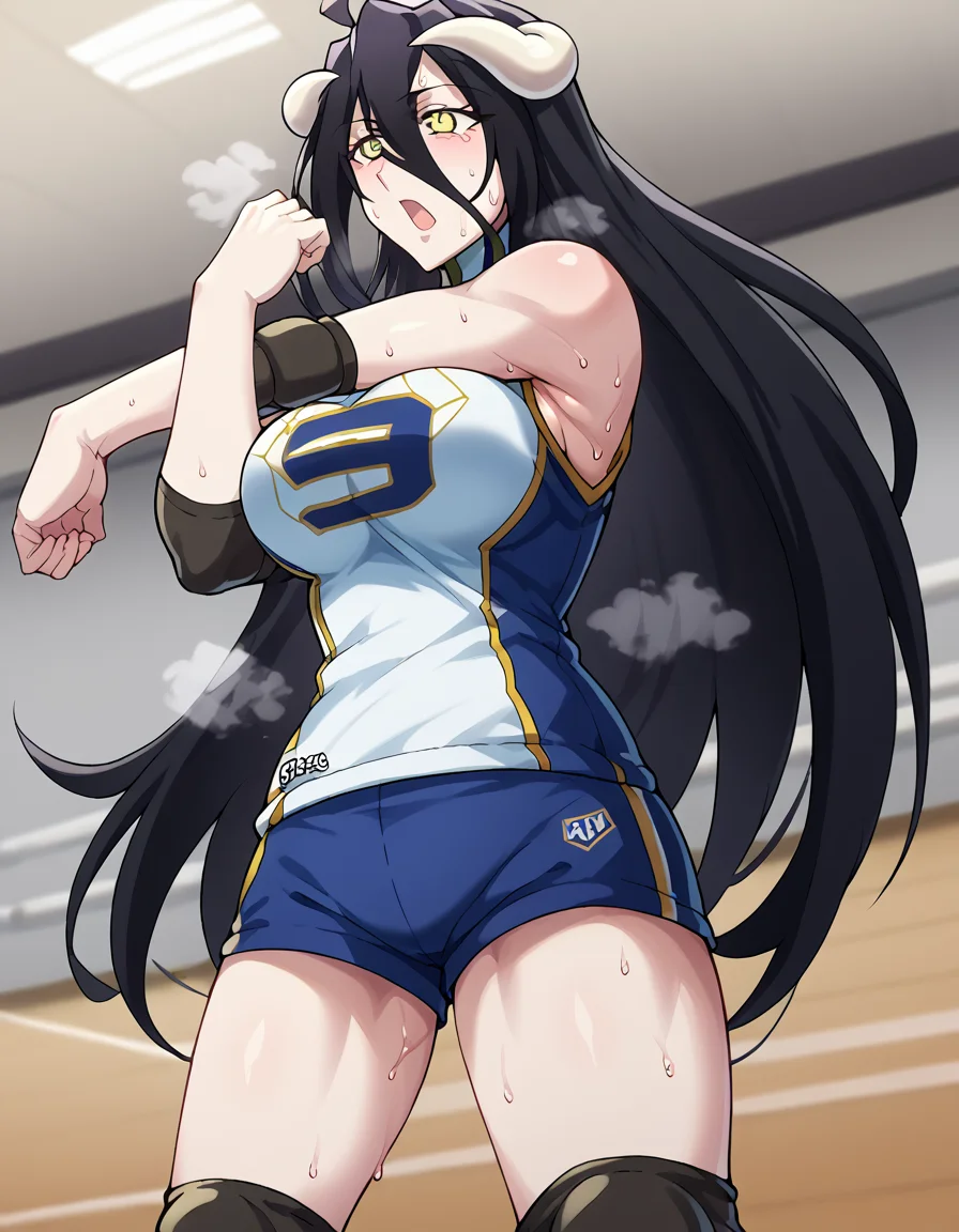 score_9, score_8_up, score_7_up, source_anime, <lora:overlord-albedo-s1s2-ponyxl-lora-nochekaiser:1>, albedo, ahoge, black hair, horns, long hair, yellow eyes, large breasts,, <lora:volleyball-uniform-ponyxl-lora-nochekaiser:1> volleyball uniform, sportswear, elbow pads, elbow sleeve, knee pads, sleeveless, shorts, short shorts,, audience, gym, sweat, open mouth, steam, <lora:cross-body-stretch-ponyxl-lora-nochekaiser:1> cross-body stretch, stretching, arm across chest, exercising,,, cowboy shot,