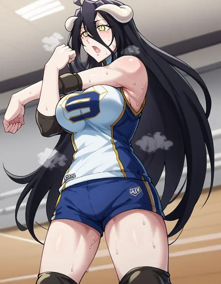 score_9, score_8_up, score_7_up, source_anime, <lora:overlord-albedo-s1s2-ponyxl-lora-nochekaiser:1>, albedo, ahoge, black hair, horns, long hair, yellow eyes, large breasts,, <lora:volleyball-uniform-ponyxl-lora-nochekaiser:1> volleyball uniform, sportswear, elbow pads, elbow sleeve, knee pads, sleeveless, shorts, short shorts,, audience, gym, sweat, open mouth, steam, <lora:cross-body-stretch-ponyxl-lora-nochekaiser:1> cross-body stretch, stretching, arm across chest, exercising,,, cowboy shot,