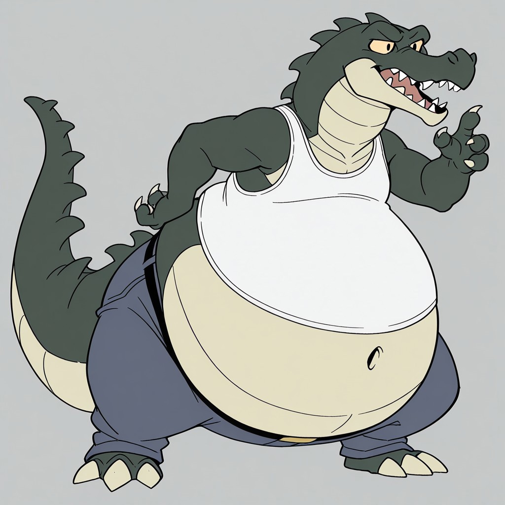1boy, solo, official art, masterpiece, best quality, amazing quality, male, males only, male focus, Carv, crocodile, scalie, green skin, tan belly scales, head spikes, tail spikes, claws, tan claws, 4 fingers, 3 toes, tan sclera, black pupils, long snout, sharp teeth, long tail, bottom heavy, overweight, ((big belly: 2.2)), white tank top, blue jeans, belt, male, solo, high quality, detailed, amazing shading, digital art, masterpiece