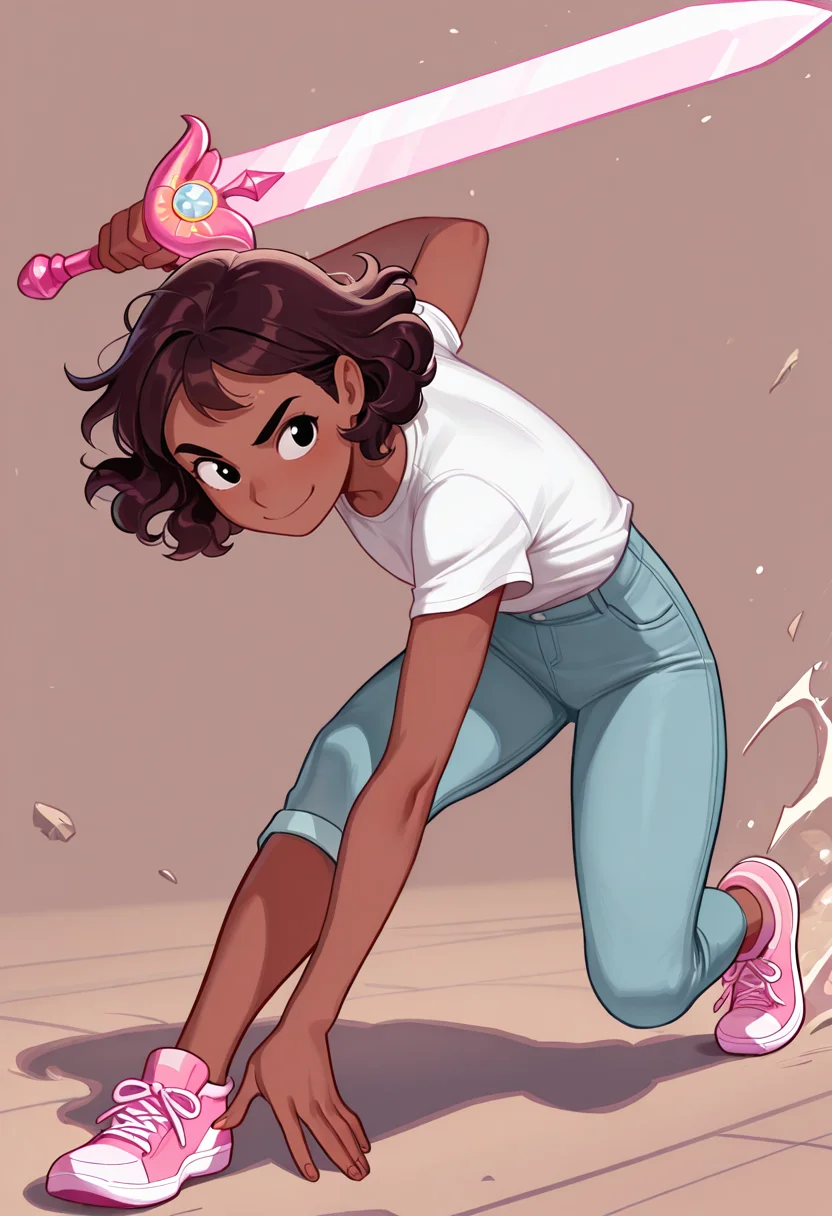 masterpiece, best quality, very aesthetic, absurdres, 1 girl, solo, Connie_Maheswaran, dark-skinned, short hair, wavy hair, brown hair, black eyes, jean-short, white t-shirt, pink sneakers, smile, Single-edged sword, action pose,
<lora:Smooth_Booster_v2:0.3>, <lora:Connie_Maheswaran_SU__Illustrious:1>, <lora:HerrscherAGGA2025_COLIG_ST-IL_V2:1>