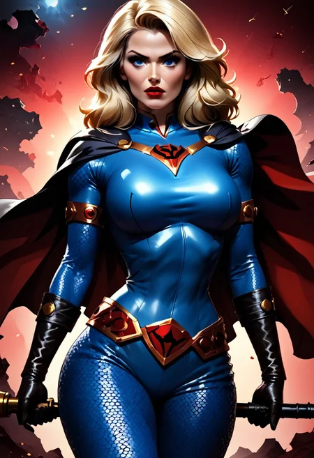 MILF, 32 years old, blonde hair, black leather vampire cape, sloppy wavy hair, sexy red boots, revealing outfit, red lips, mascara, eyelashes, hourglass figure, strong, big blue eyes, seductive, mature female, m1lfm3t3r, anezaki mamori, masterpiece, highest quality, realistic skin texture:1.5, high, tear shaped boobs, drow ranger, drow ranger \(dota2\), Masterpiece, 32k, photorealistic:1.4, score_9, score_8_up, score_7_up, huge boobs, small waist, wide hips, high cheekbones, oval face, slim waist, wide hips, thick thighs, full hips, DARK SIDE \(PICTURE BOOK\), NO FACE, colorful background, vivid colors, volumetric light, cinematic light, extremely detailed, bgbrda, top, bodysuit, helmet, armlet, bracelet, gloves, chainmail, skirt, boots, holding weapon, holding rod.