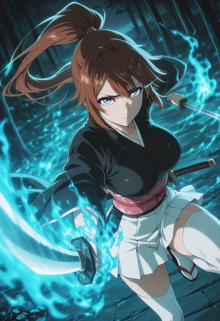 masterpiece, best quality, amazing quality, vslinxbleachtybw style, absurdres, perfect face, detailed face, eye_focus, 4ur4_illu,shiny,
(Girl:0.0), 1girl, cute, attractive, brown hair, long hair, very long hair, high ponytail, bangs, hairclip, grey eyes, ultra-detailed anime eyes, eye trail, large breasts, kimono, dark kimono, Wide sleeves, sash, obi,  white skirt, white knee high stocking, sandals, katana, sheathed,
(Pose:0.0), ((looking at viewer)), fighting stance, windy, dynamic pose, dynamic composition, katana, green flames, blue flames, 
(Emotion:0.0) serious, eyes open, closed mouth, furrowed brow, 
(Scene:0.0), cowboy shot, from front, dutch angle, outdoors, windy, maple tree, maple leaves, scenery, detailed background, depth of field, flame_theme, dark_theme, detailed backgroud, aesthetic,