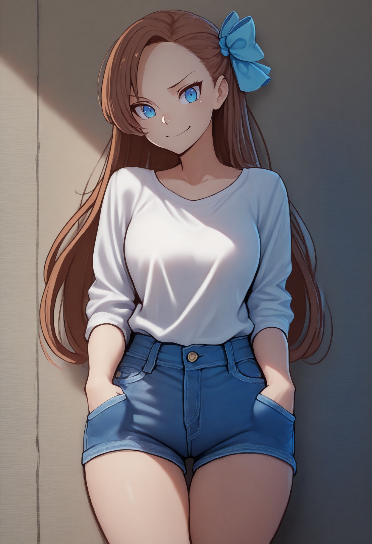 masterpiece, best quality, 1girl, solo, KatarinaClaes, blue eyes, brown hair, long hair, asymmetrical bangs, hair bow, blue bow, white shirt, denim shorts, thigh gap, leaning back, against wall, looking at viewer, smile, hands in pockets, <lora:ChamKatarinaClaesIllustriousXL:1>