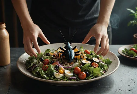 Create a vivid description for an image capturing Two hands from above, living a bunch of Bugs and slugs over your salad, creating a mesmerizing scene of celestial interaction with the food.
a neon-pastel kitchen landscape, photorealistic, 