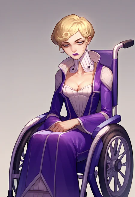 score_9, score_8_up, score_7_up, source_anime, solo, 1girl, madamsmtii, expressionless, wheelchair, sitting, blonde hair, short hair, lipstick, purple dress, bodysuit, cleavage, collar <lora:zs_MadamXL:0.9> <lora:Wheelchair_XLPD:1>