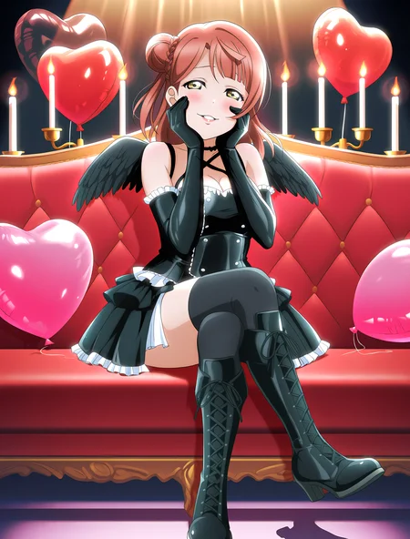 <lora:Koto-Umi-Riko-Shizu-Setsu-LLAS-IllustriousXLV01-V1:0.5> <lora:Koto-Umi-Riko-Shizu-Setsu-LLAS-NoobAIXLV11-V1:0.5> <lora:sdxl-boldline:-0.8> <lora:il_saturation_slider_d1:-0.3>
<lora:Datenshi-Yohane-Dress-IllustriousXLV01-V2:1>
(llas:1.4), (masterpiece, very aesthetic, absurdres, very awa:1.2), best quality, highres, newest, perfect anatomy, perfect lighting, anime coloring, anime screenshot BREAK
(sparkle:0.8), shadow, shade, (spotlight:1.3), depth of field BREAK
1girl, solo, looking at viewer, full body BREAK
uehara ayumu, medium hair, half updo, single hair bun, green eyes, (yandere trance:1.2), hands on own face, own hands together BREAK
big pupils, (detailed eyes:1.2), (huge breasts, curvy:1.2), cleavage, lips, parted lips, seductive smile, blush, makeup BREAK
datenshiyohane dress, halterneck, layered skirt, choker, elbow gloves, black thighhighs, cross-laced knee boots, black wings, white skin BREAK
sitting on couch, red couch, heart balloon, candlelight, candlestand, black background, multicolored background, pink aura effects