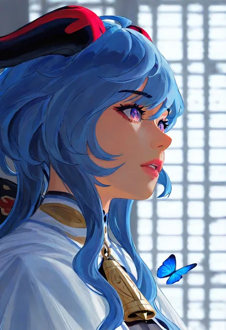 (newest, recent,:1.3), (guweiz, mihifu, bekus, pluvium grandis), realistic, year_2024, year_2023, year_2022, year_2021,
absurdres, highres, best quality, masterpiece, very aesthetic,
genshin impact, ganyu \(genshin impact\), 1girl, black horns, blue hair, bug, butterfly, cloak, feather hair ornament, feathers, hair ornament, horns, lips, long hair, parted lips, portrait, purple eyes, realistic, solo, white cloak, white feathers
indoors, window blinds,
